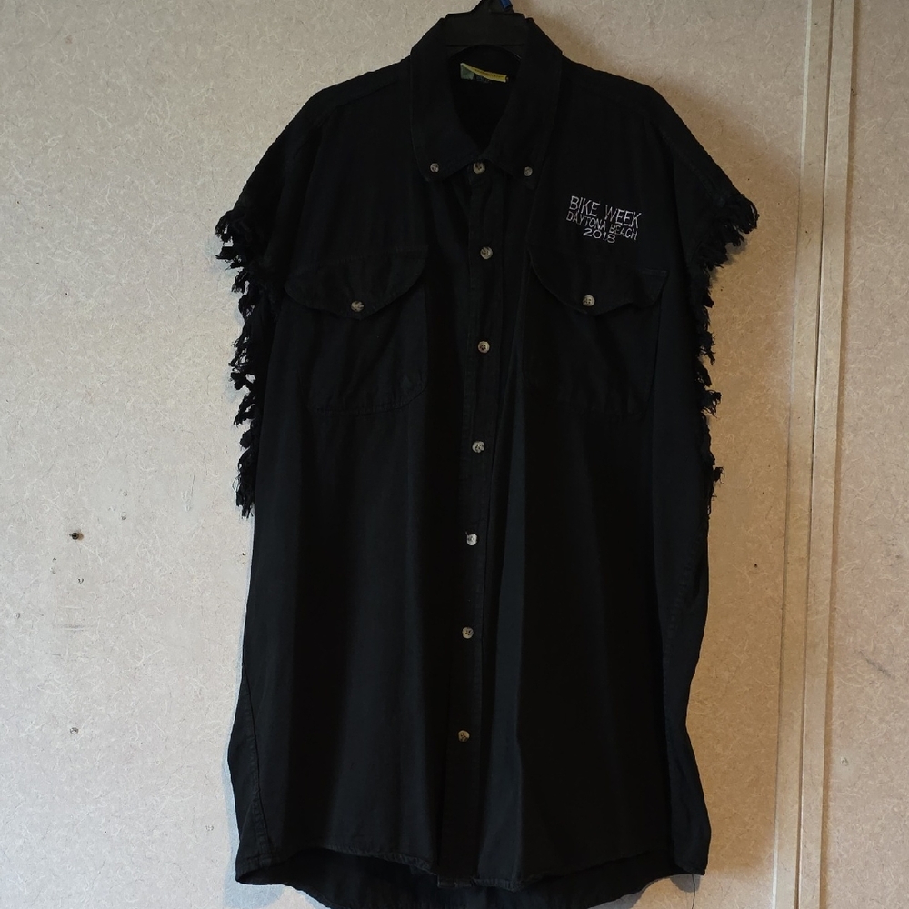 Black Fringed Button-Up Shirt
